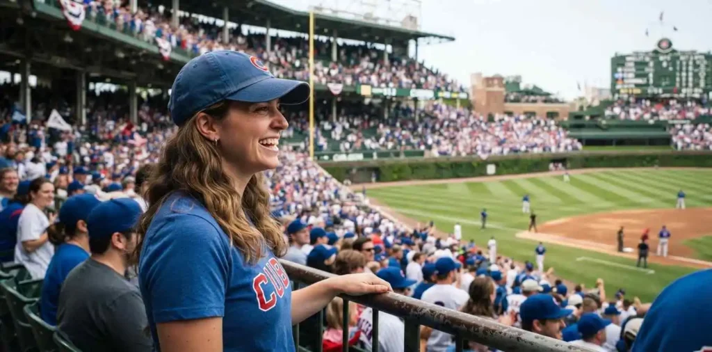 Fans cheering together at Wrigley Field