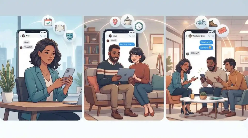 Adults using casual messages, DMs, and a group chat to discuss plans.