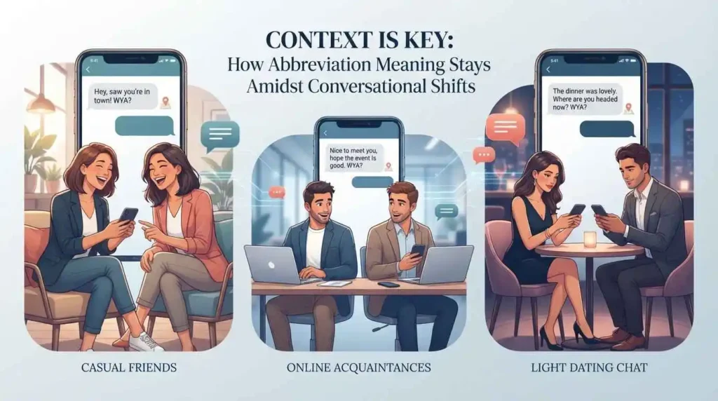 Different adult conversations showing how WYF can be used casually or in dating contexts