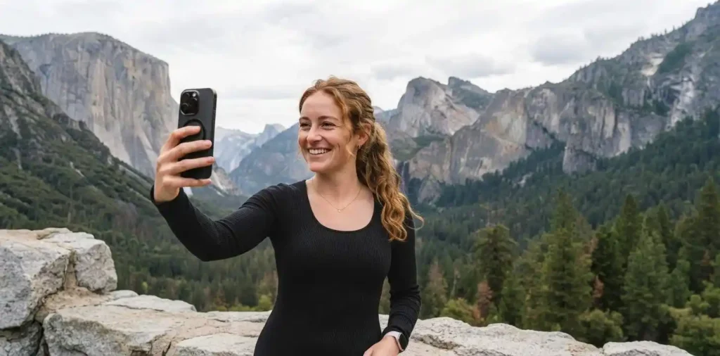 Traveler taking selfie near Yosemite cliffs