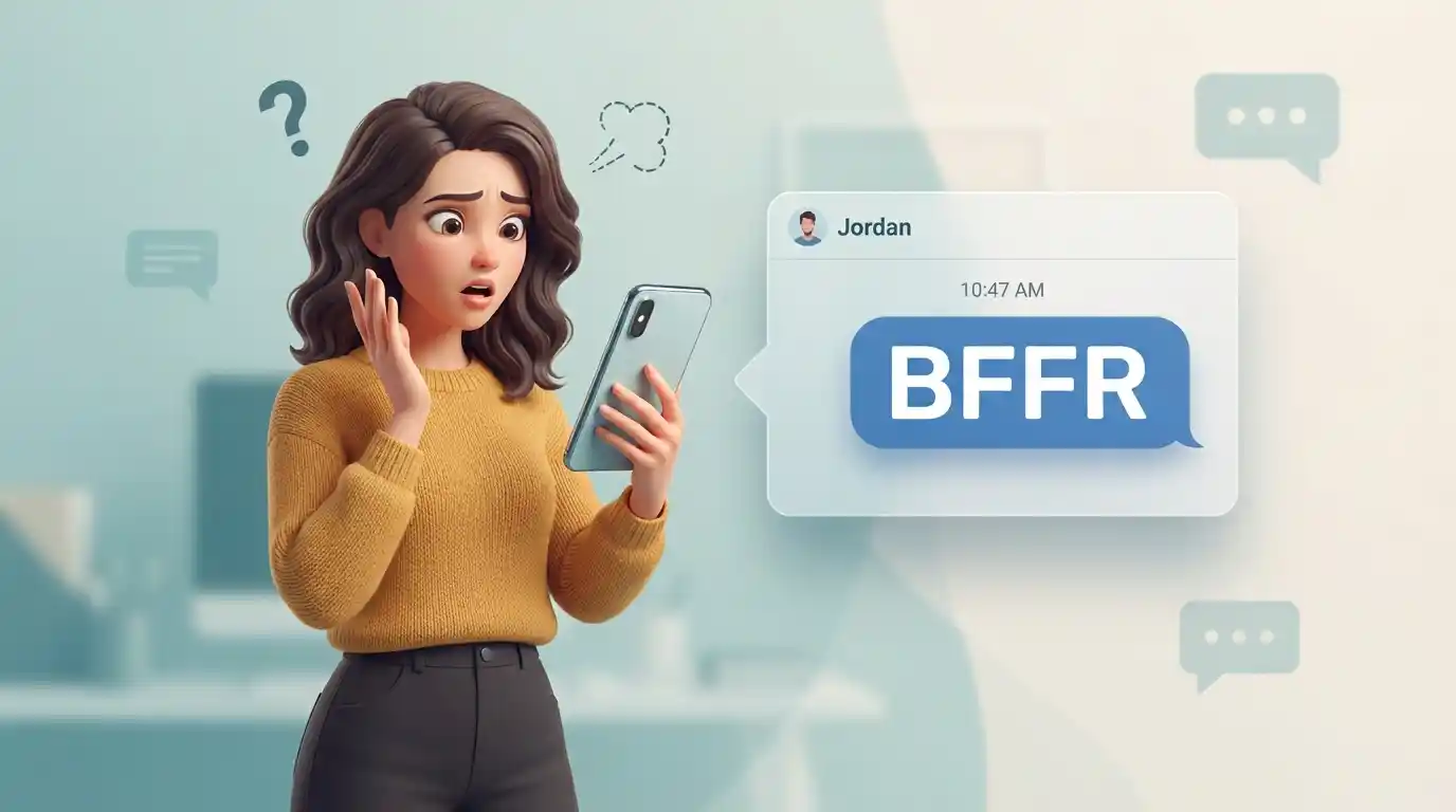 Illustration of a person reacting with disbelief to a BFFR message on a smartphone.