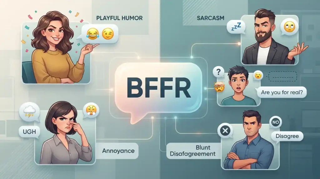 Illustration showing how BFFR can sound playful, sarcastic, disbelieving, blunt, or annoyed depending on context.