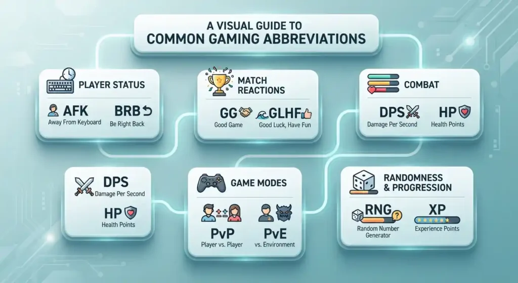 Visual guide grouping common gaming abbreviations by player status, match reactions, combat, game modes, and progression.