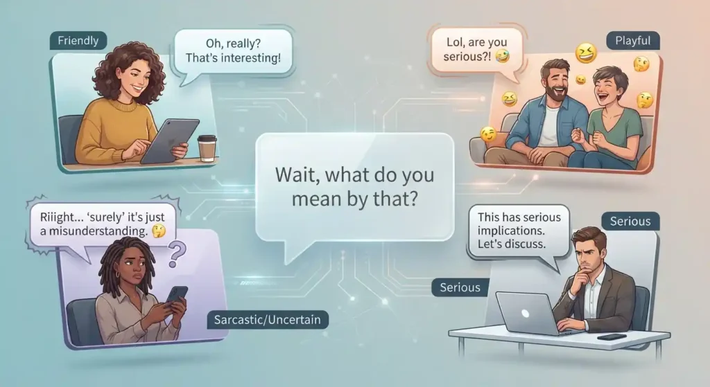 Illustration showing how the meaning of a text message can change based on context, punctuation, emojis, and conversation tone.