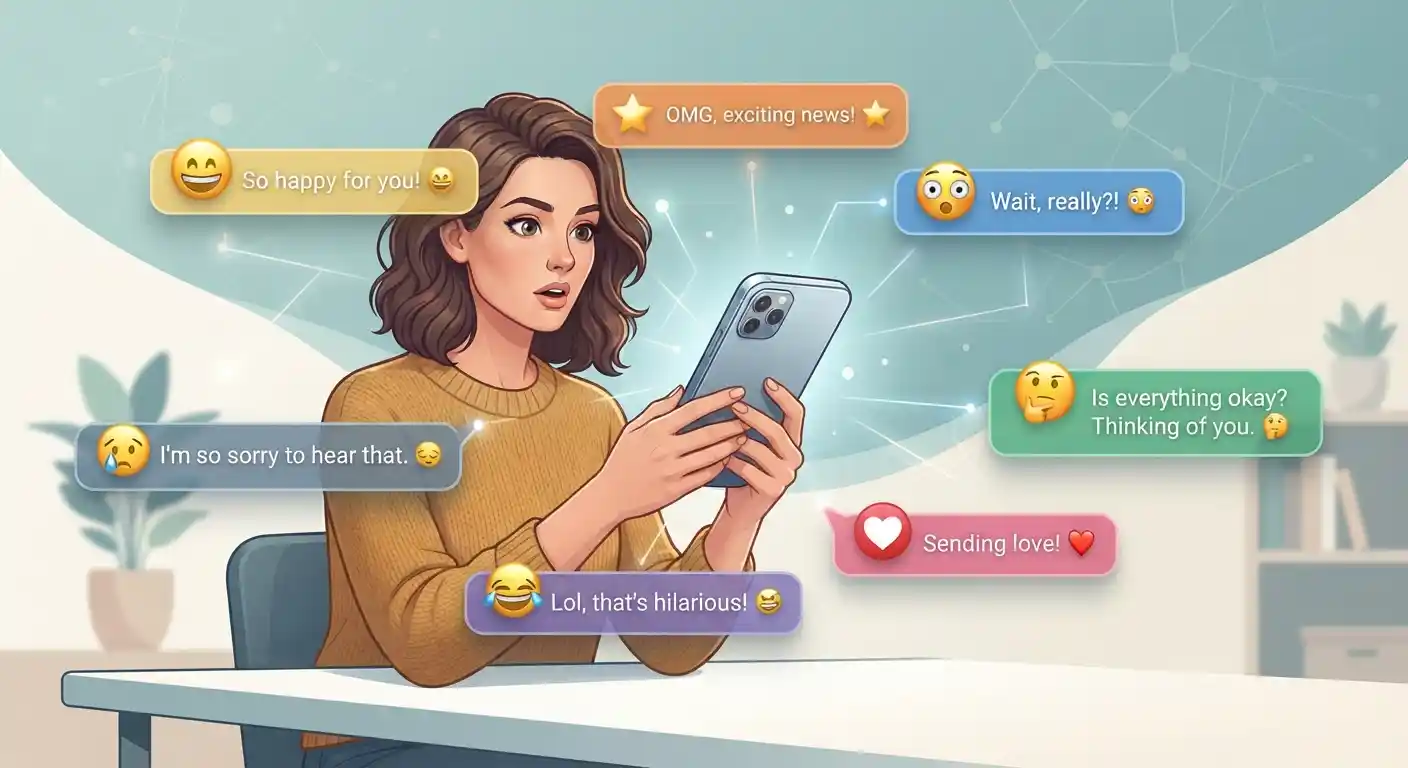 Illustration showing emotional expressions through smartphone messages, chat reactions, and digital emotion symbols.