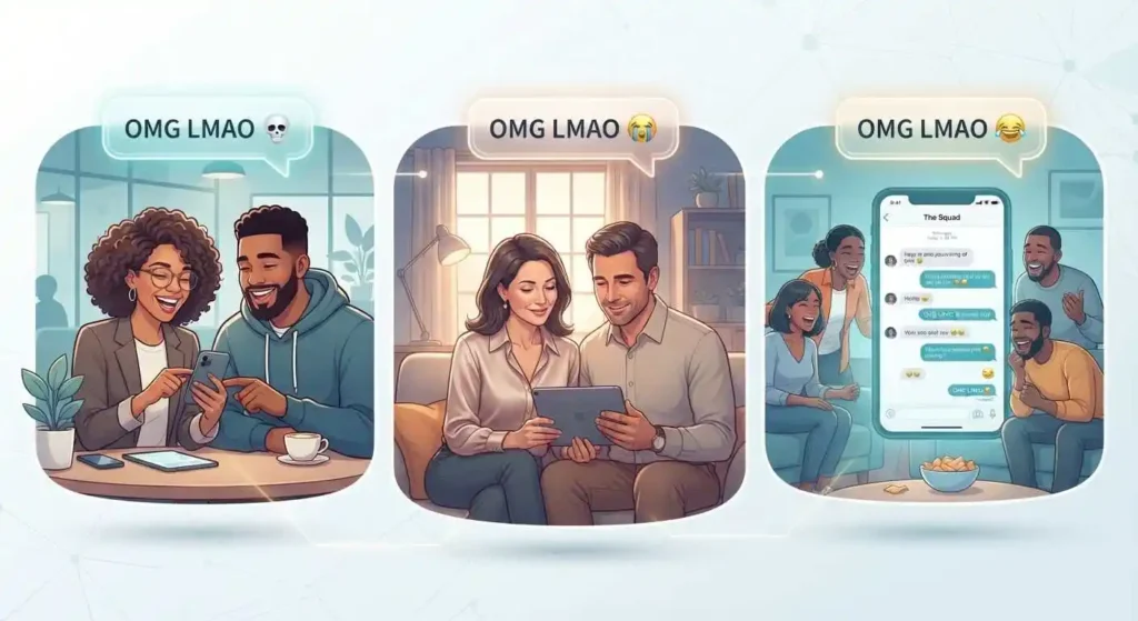 Different adult conversations showing how emotional slang can change meaning with context