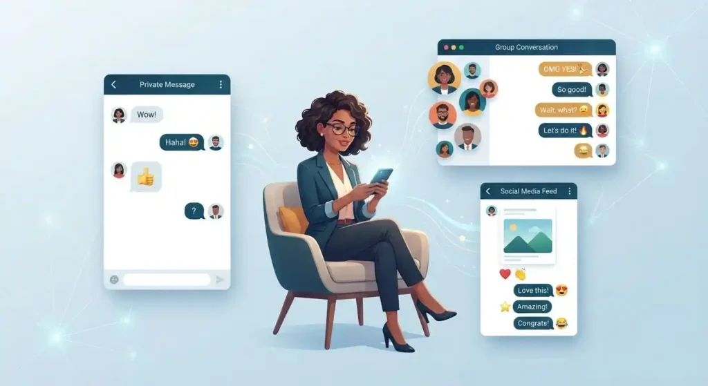 Adult communicating through texts, group chats, and social media using emotional expressions