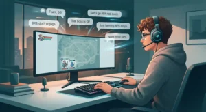 Illustration of an online gamer using abbreviations such as GG, AFK, BRB, OP, NPC, and DPS during a game.