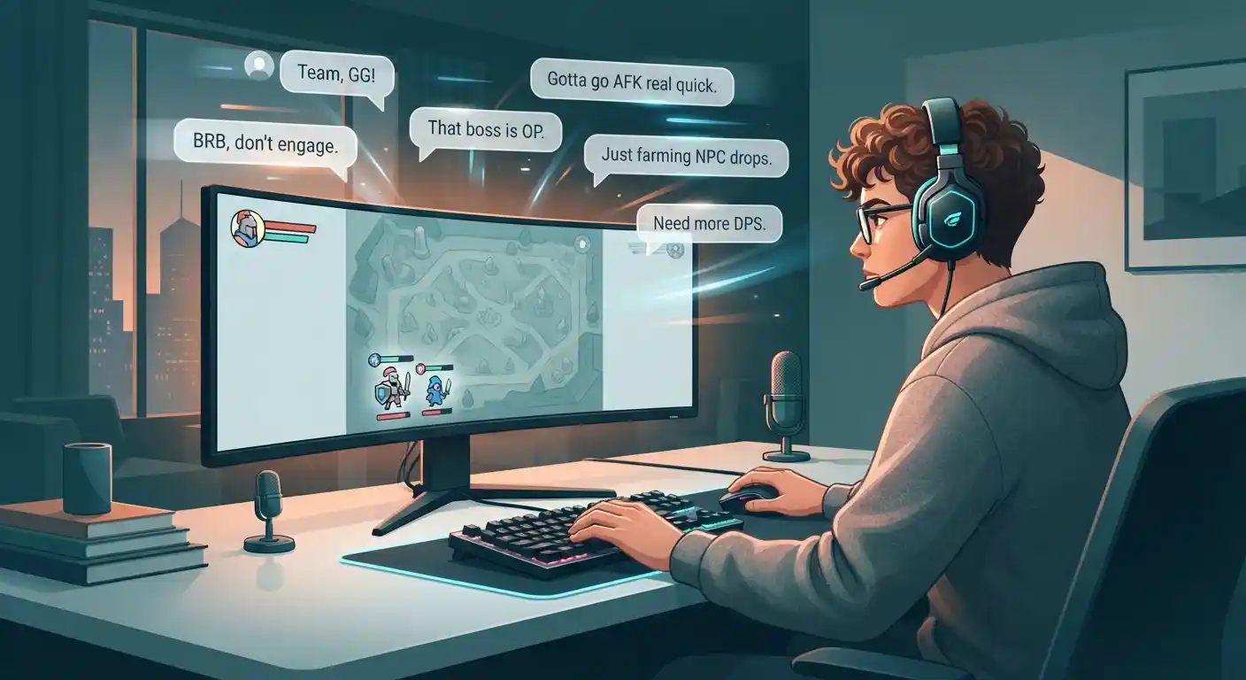 Illustration of an online gamer using abbreviations such as GG, AFK, BRB, OP, NPC, and DPS during a game.