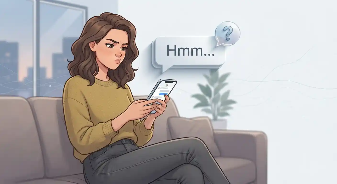 Person thoughtfully looking at a phone while considering a message containing “hmm”