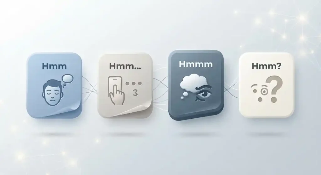 Visual comparison showing hmm, hmm with dots, hmmm, and hmm with a question mark