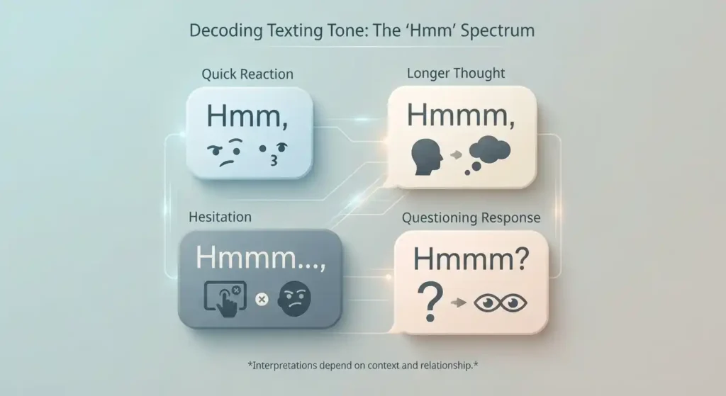 Visual comparison showing how Hmm, Hmmm, Hmmm with dots, and Hmmm with a question mark can suggest different tones.