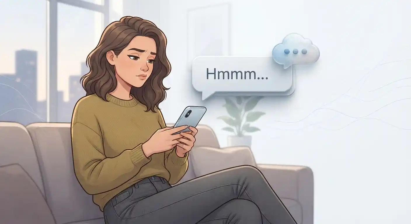 Thoughtful person looking at a phone with a Hmmm text response during a conversation.