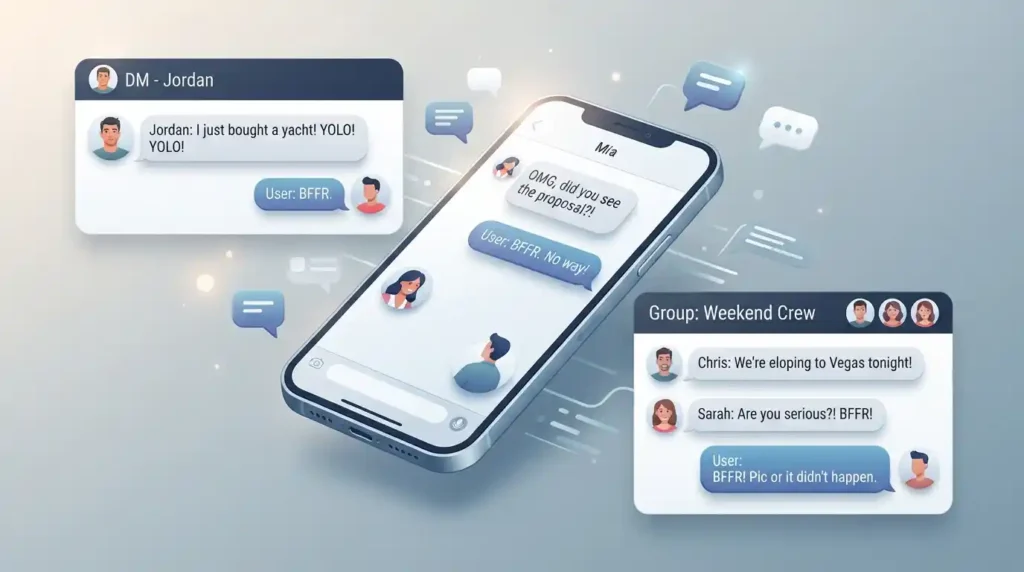 Illustration showing BFFR used in text messages, direct messages, and a group chat.