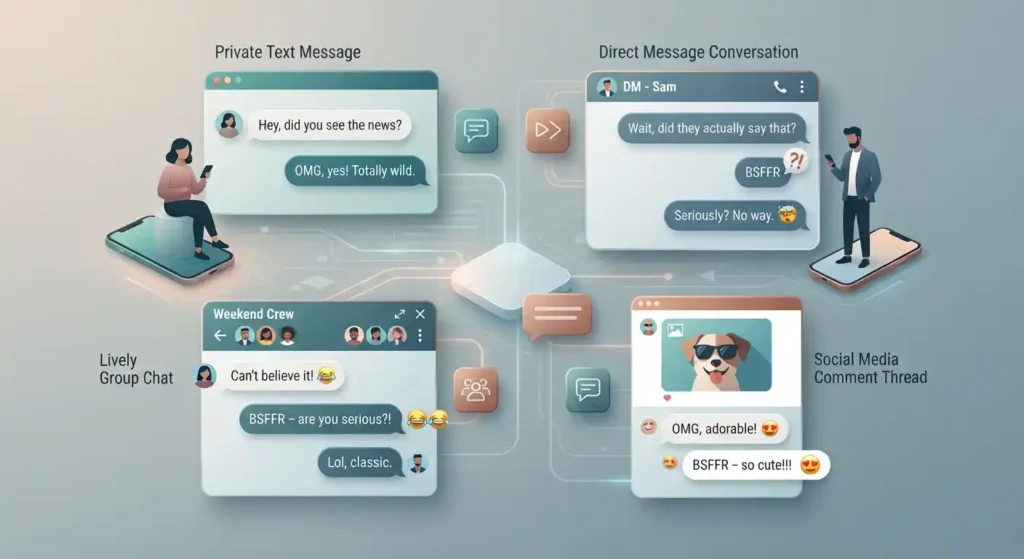 Different messaging and social media conversations showing how BSFFR is used casually.