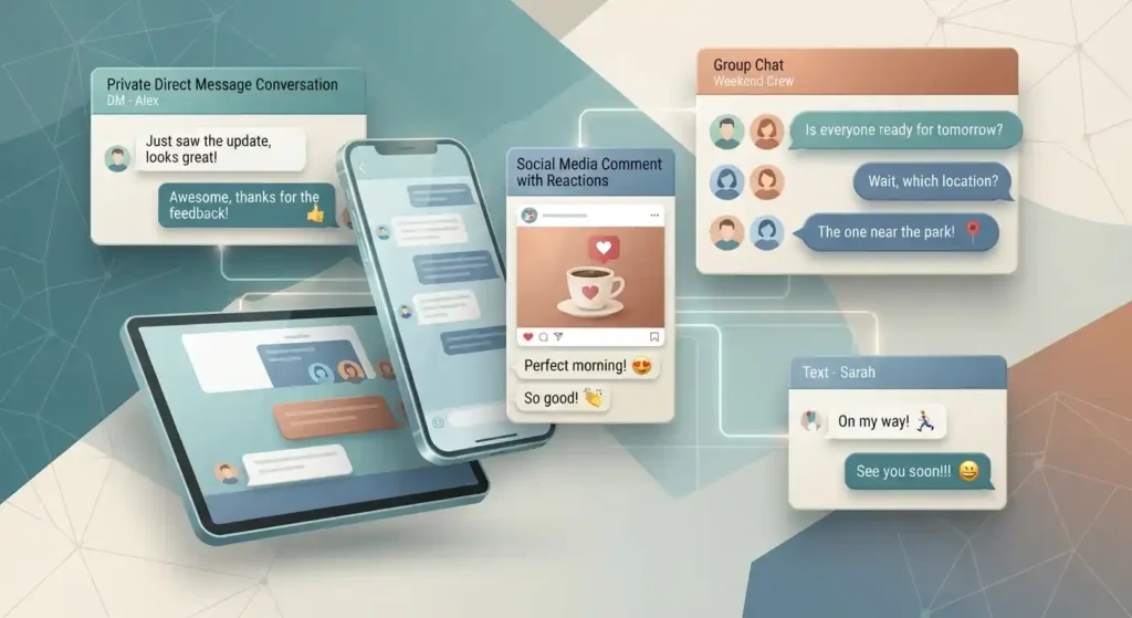Digital illustration showing emotional communication in text messages, direct messages, social media, and group chats.