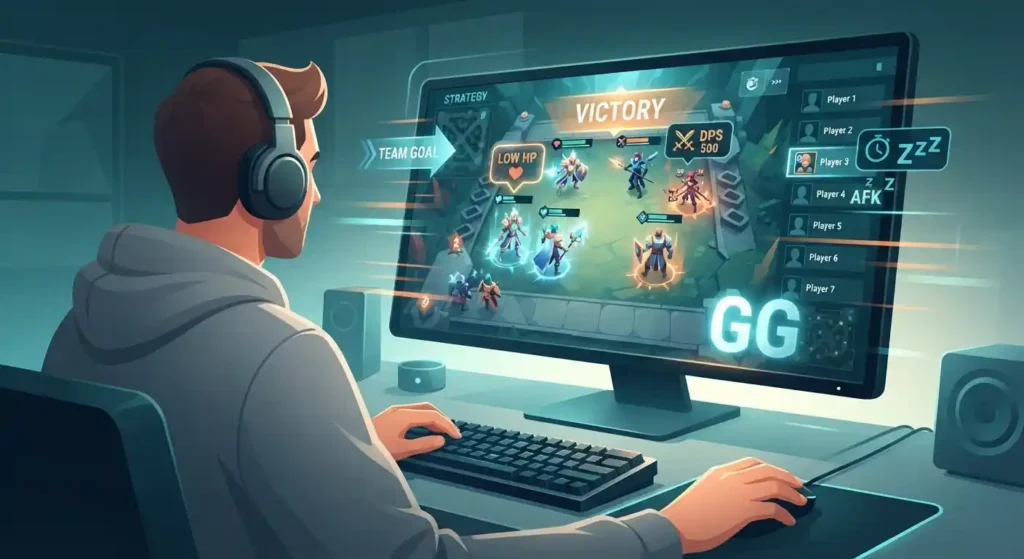 Illustration showing quick gaming communication with abbreviations used for health, damage, player status, and match reactions.