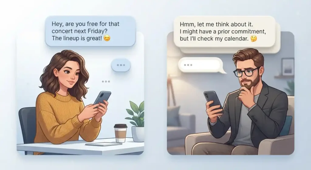 Two people exchanging messages as one pauses to think before replying with hmm