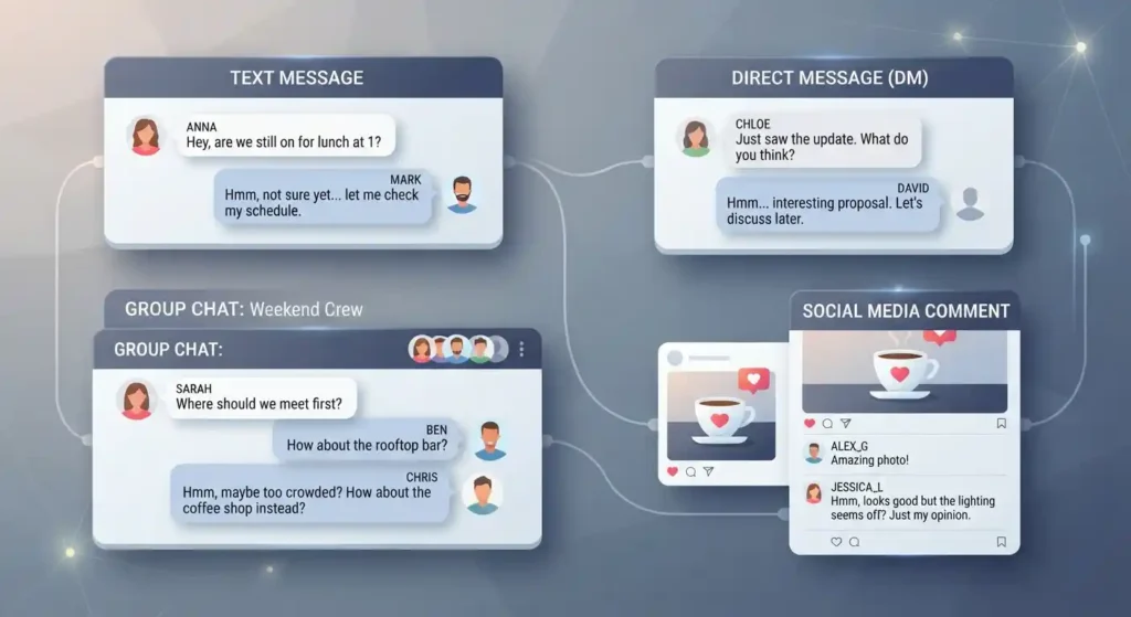 Illustration showing hmmm used in text messages, direct messages, group chats, and social media comments.