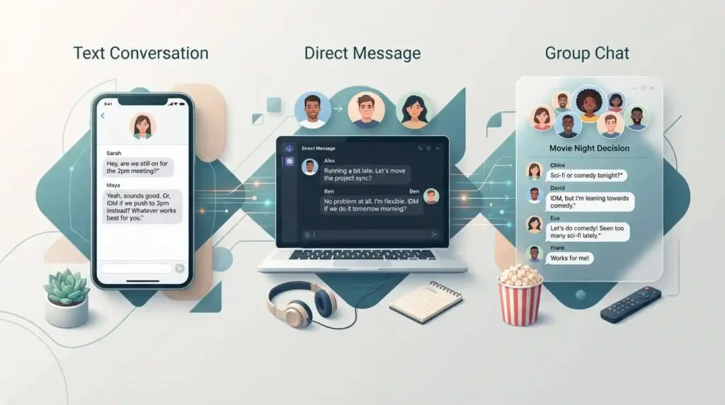 Different casual messaging contexts where adults use IDM in texts, DMs, and group chats.