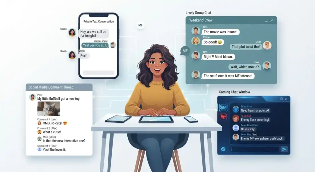 Illustration showing MF used across text messages, group chats, social media, and gaming conversations.