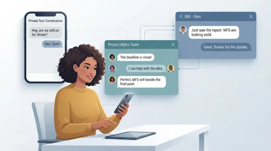 Digital messaging scene showing MFS used across text messages, direct messages, and group chats.