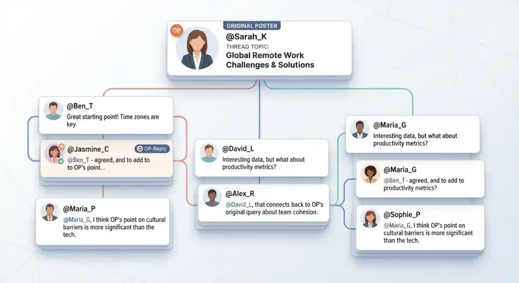 Illustration of a threaded online discussion with replies referring back to the person who started the conversation.