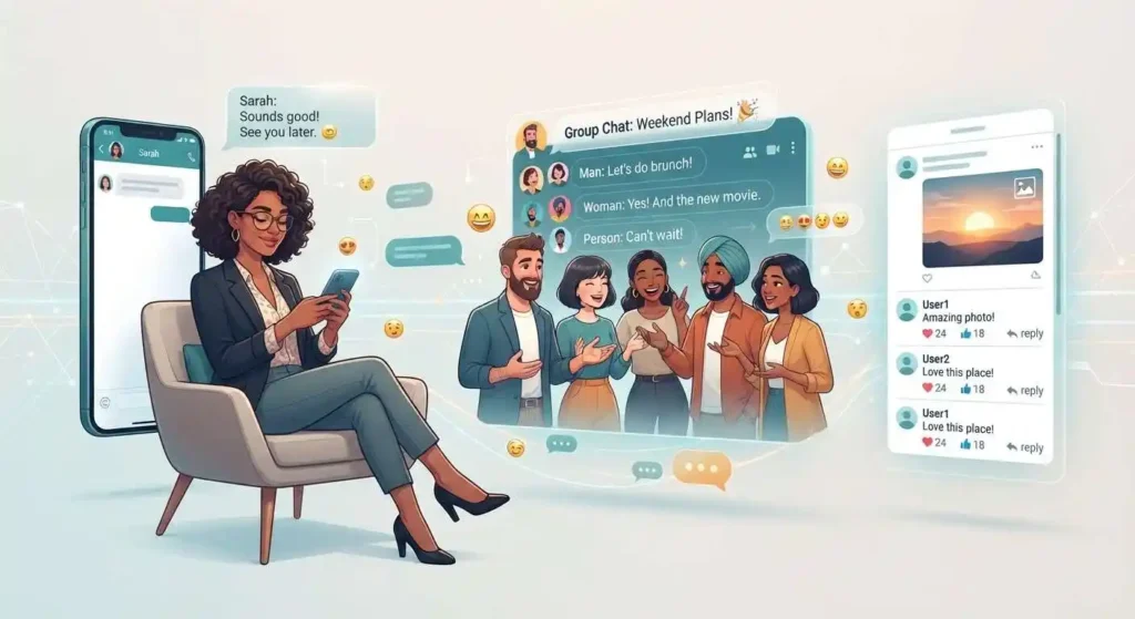 Illustration showing reactions and responses across texting, group chats, and social media conversations.