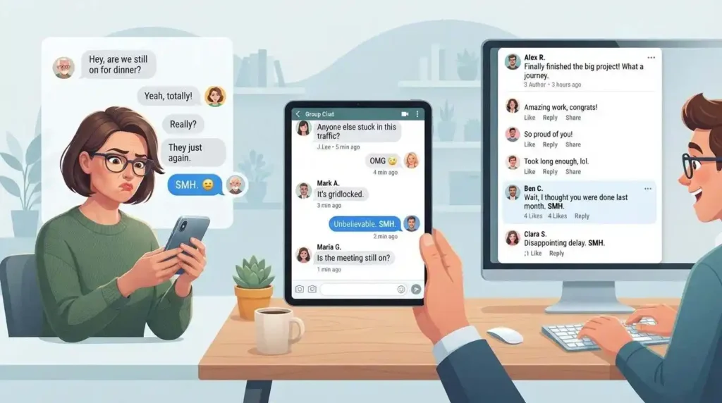 Illustration showing SMH used in text messages, group chats, and online comments.
