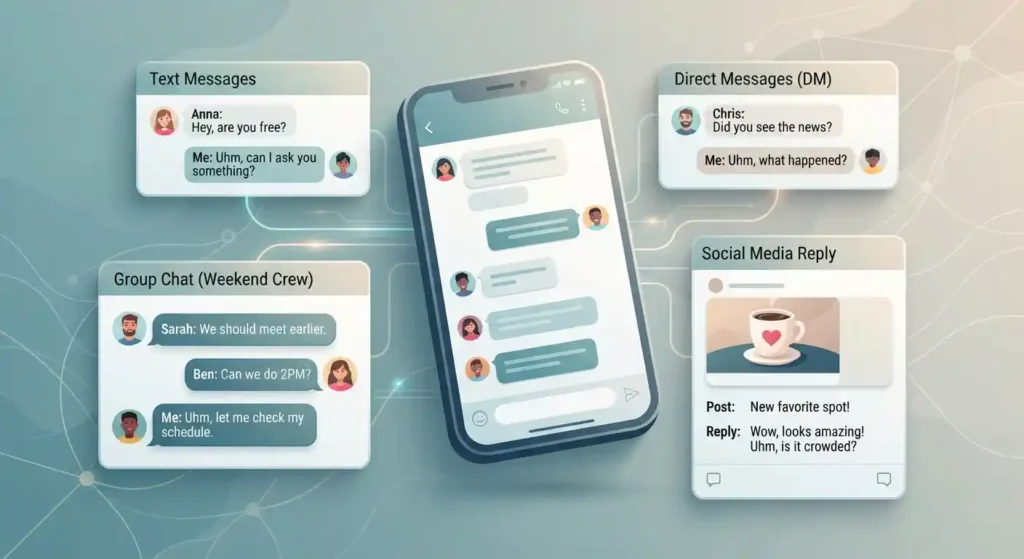 Messaging interface showing uhm used naturally in text messages, DMs, group chats, and online conversations.