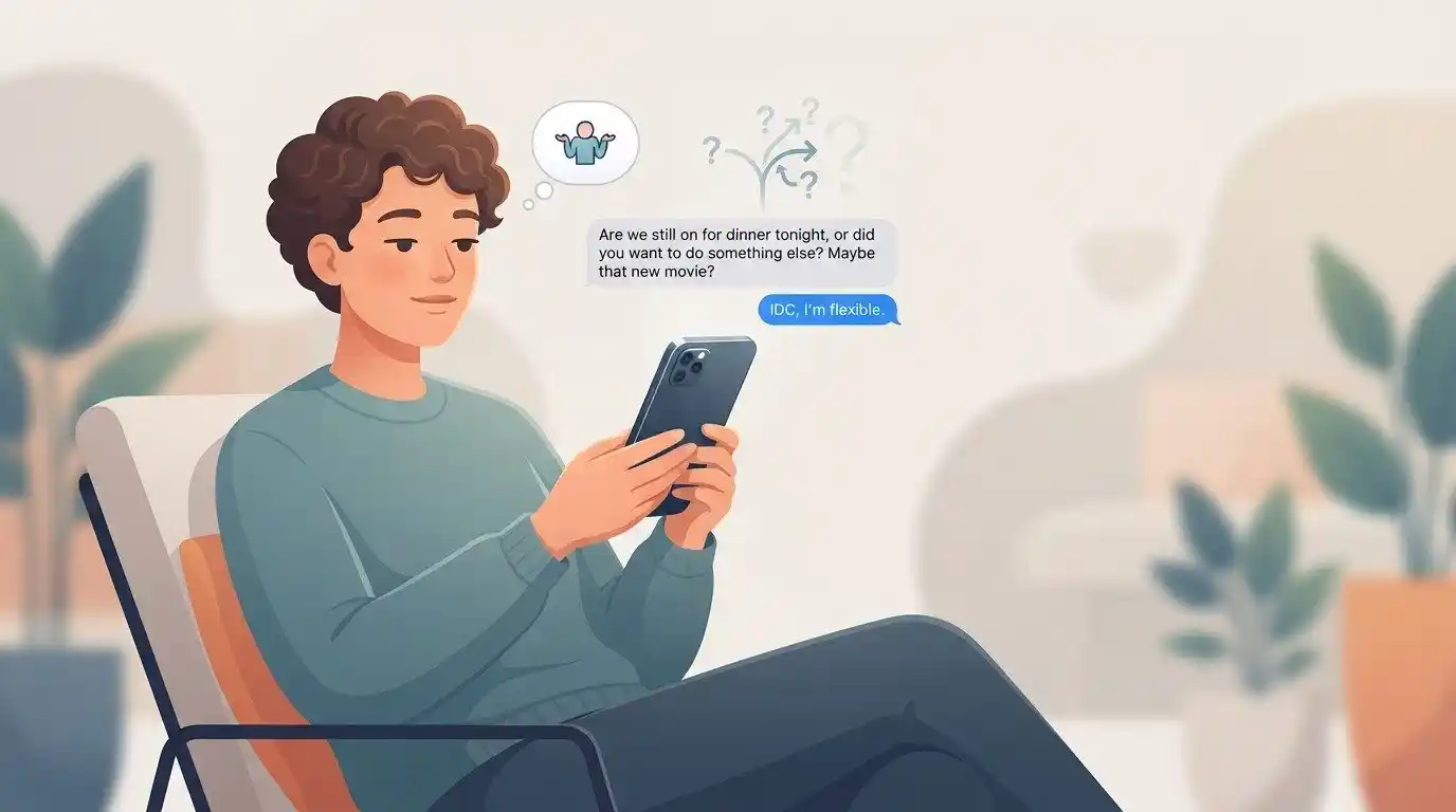 Adult using a smartphone to understand the meaning of IDC in a text conversation