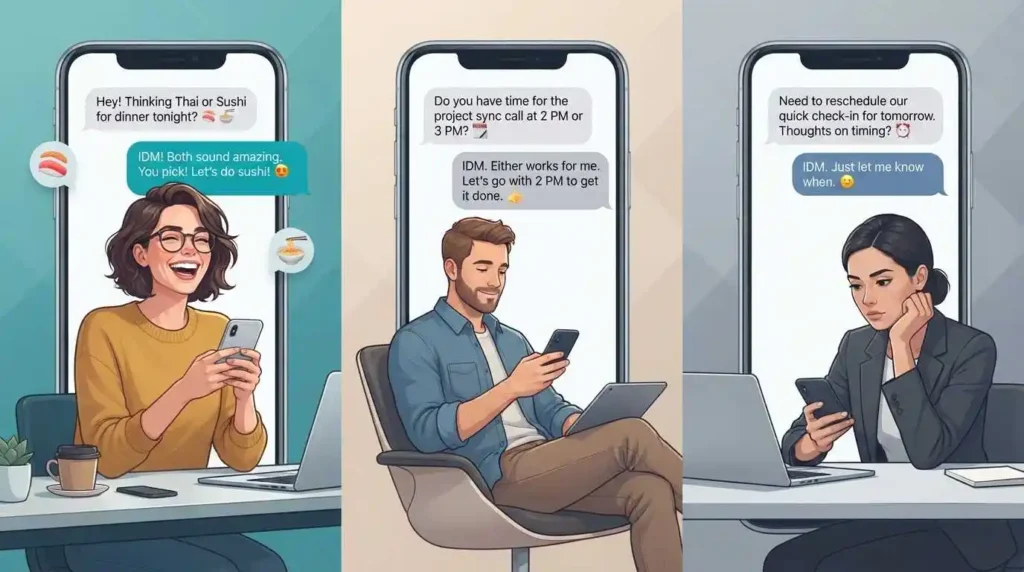 Adult messaging examples showing how IDM can sound friendly, neutral, or indifferent depending on context.