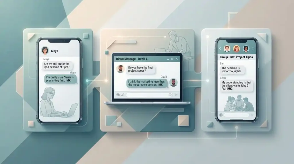 Text messages, DMs, and group chats showing different uses of IMK
