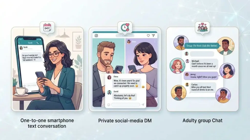Examples of adults using casual messaging, DMs, and group chats to communicate.