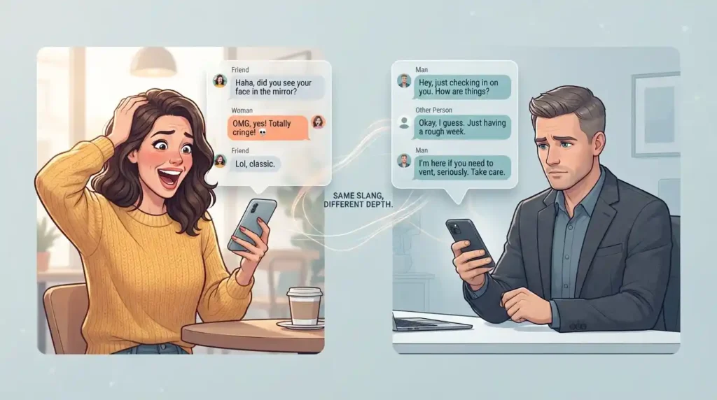 Editorial illustration comparing a casual online conversation with a serious supportive check-in to show why context matters.