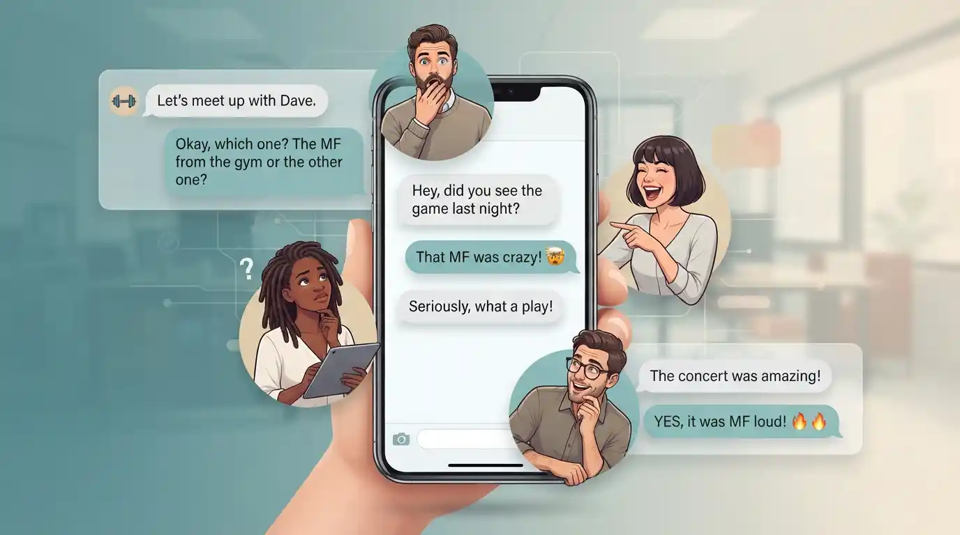 Smartphone showing the abbreviation MF in a casual text conversation with contextual chat reactions.