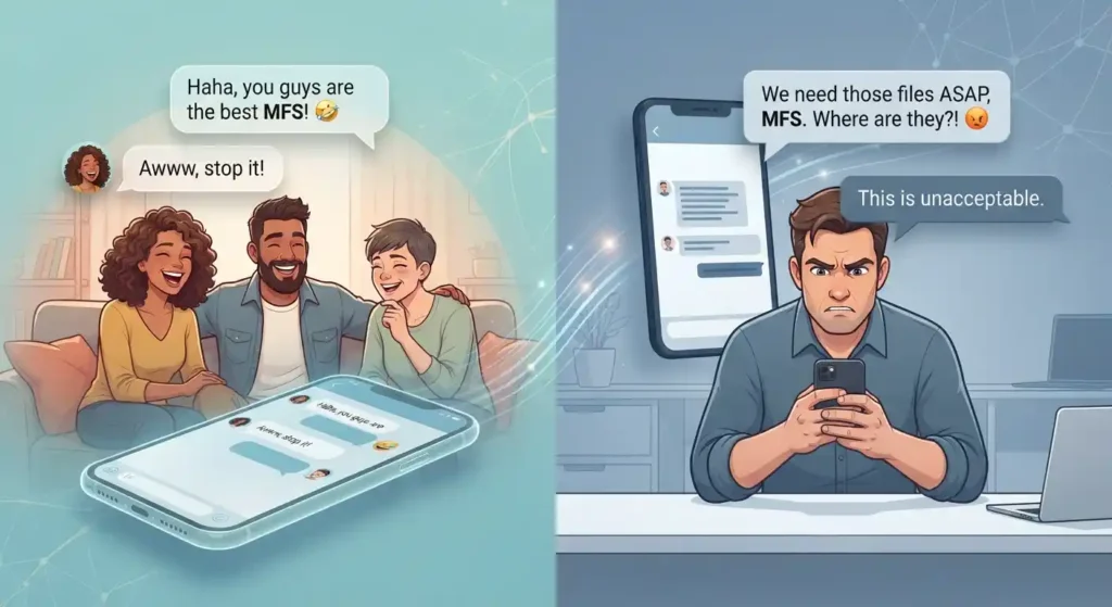 Comparison of playful and frustrated messaging contexts showing how the tone of MFS can change.