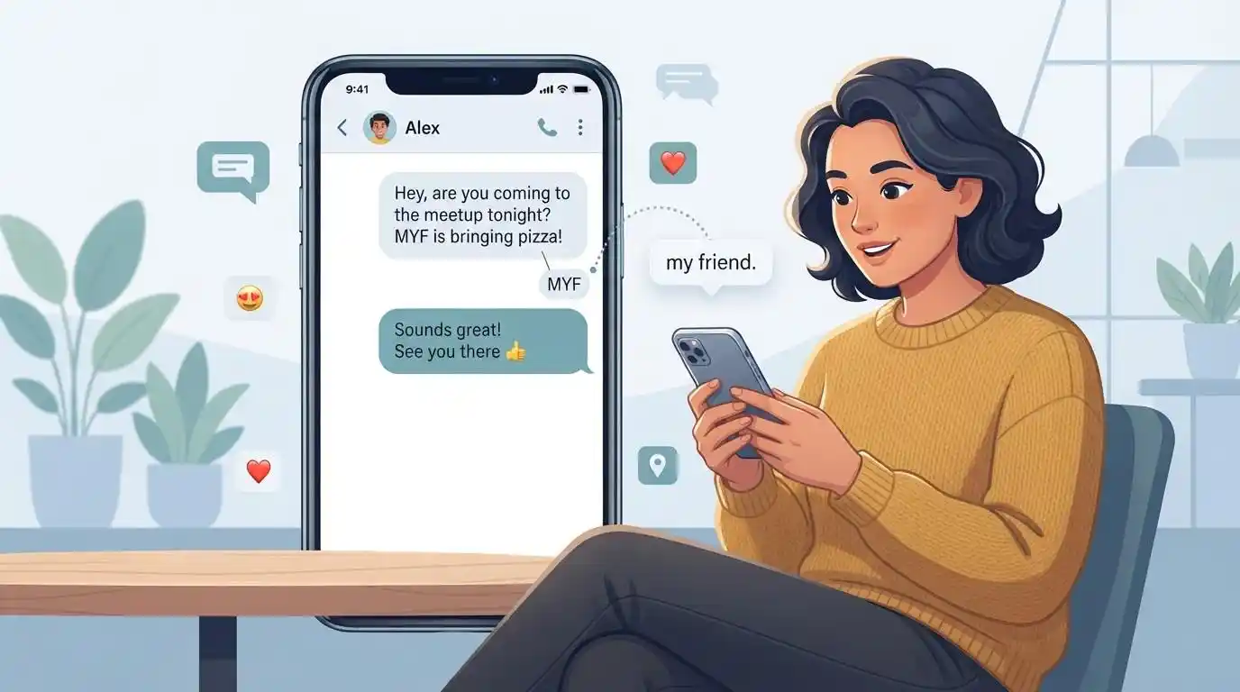 Adult reading a text message where MYF refers to “my friend”