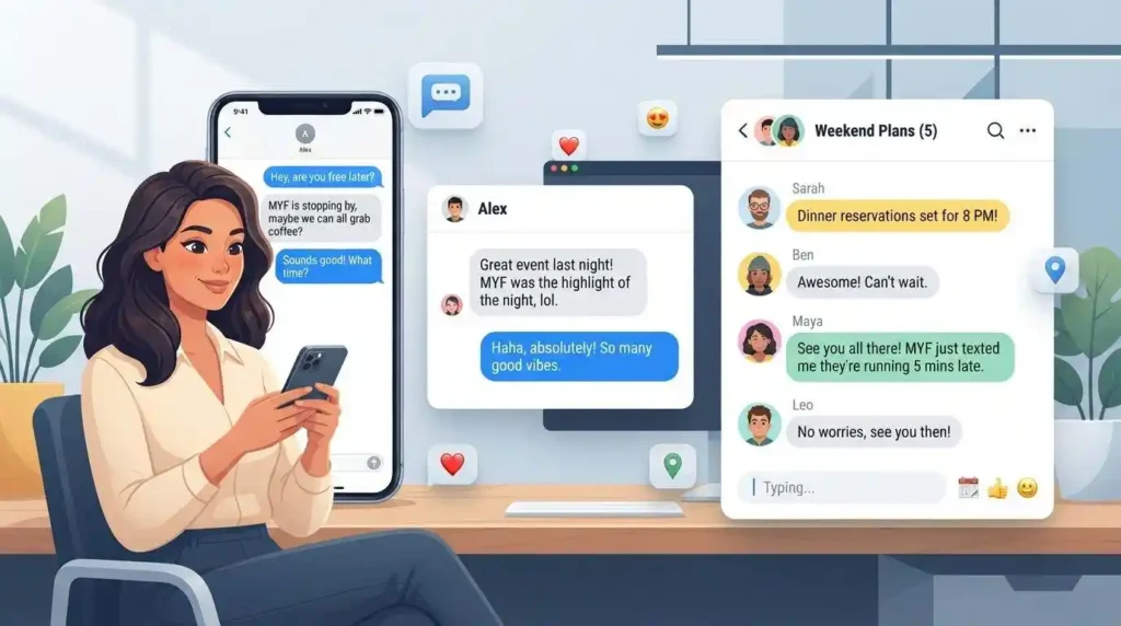 MYF appearing in casual text messages, DMs, and a group chat