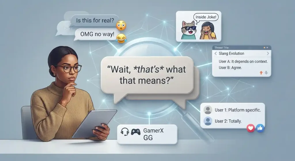 Digital conversation showing how context and shared knowledge affect the meaning of online slang