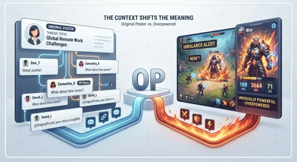 Split illustration showing OP used for an original poster in an online discussion and overpowered in a gaming conversation.