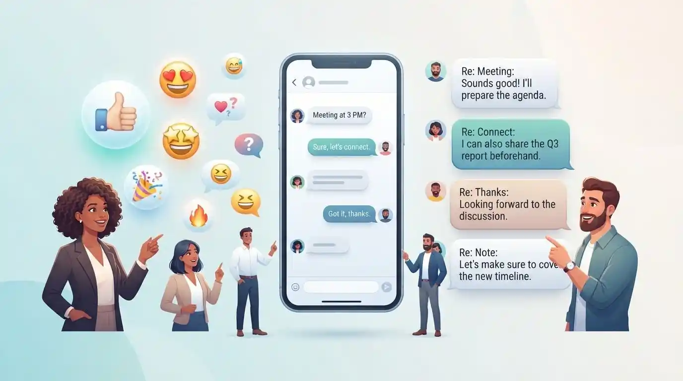 Editorial illustration showing emoji reactions and written responses in a digital messaging conversation.