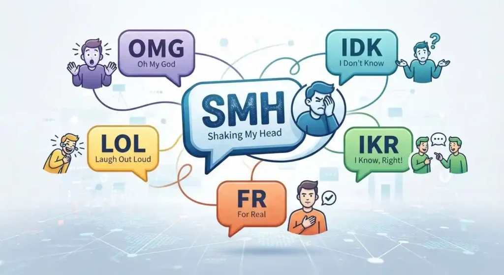 Illustration showing how SMH can express frustration, disbelief, disappointment, or playful amusement.