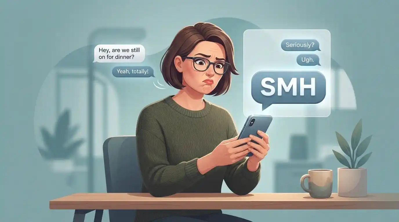 Adult reacting with disbelief while reading an SMH message on a smartphone.