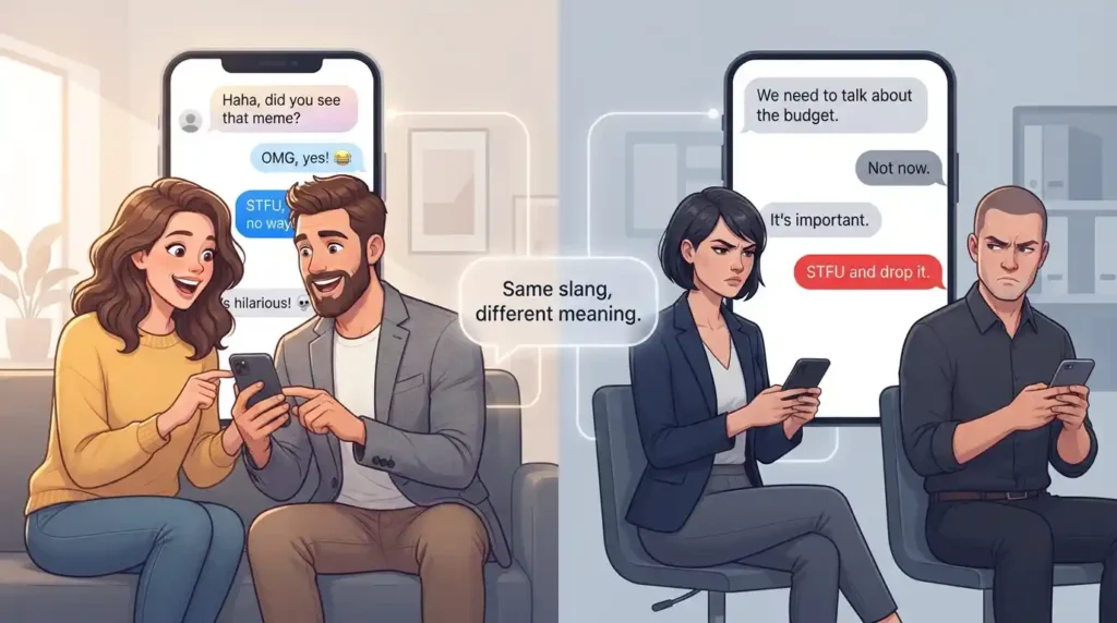 Split illustration showing STFU used playfully between friends and seriously during a tense conversation.