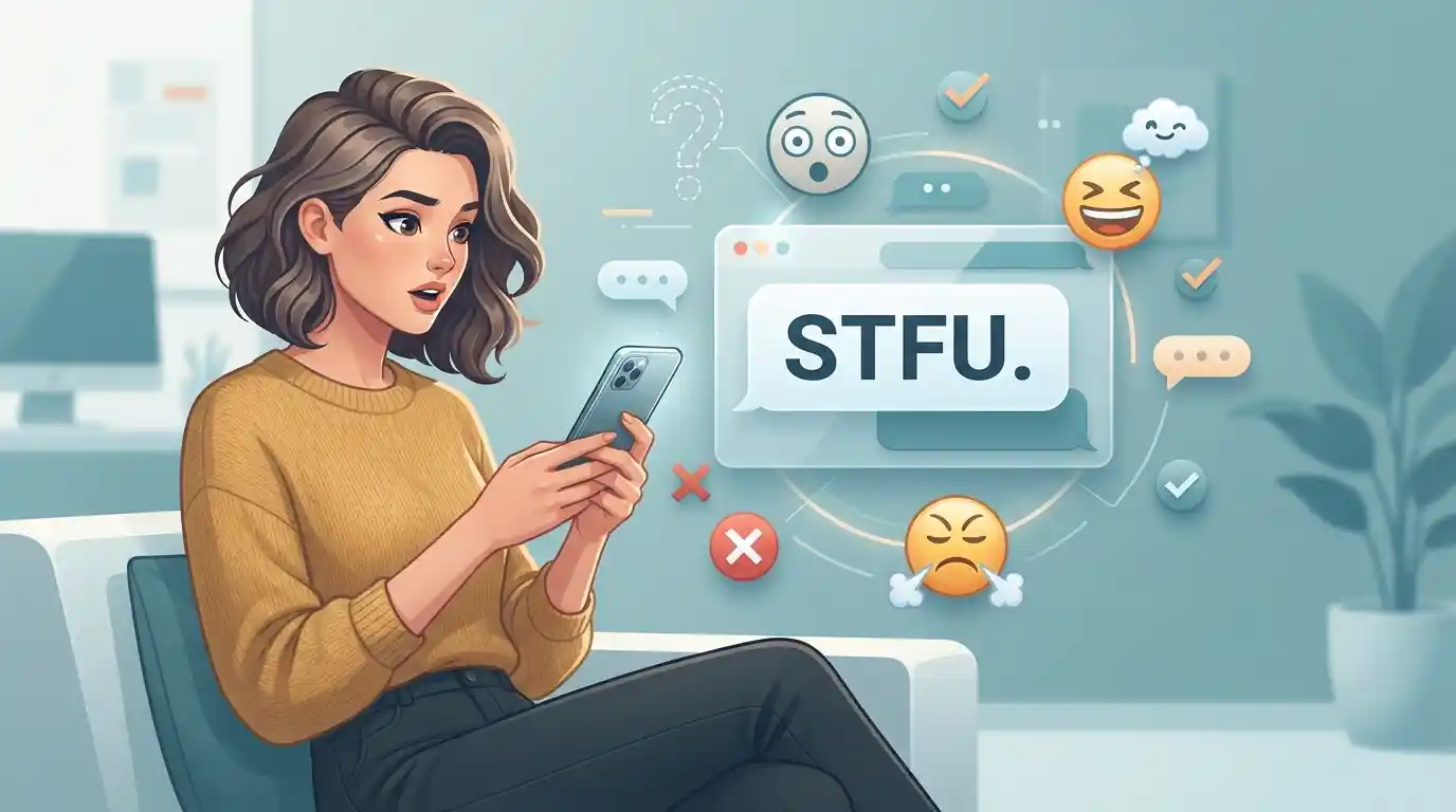 Modern illustration of a person reading an STFU message on a smartphone with different emotional reactions represented through chat elements.