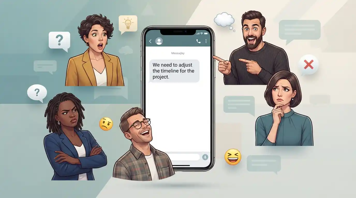 Illustration of people showing different intense reactions to a message on a smartphone.