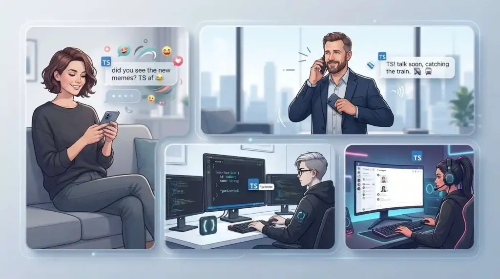 TS shown in texting, programming, and gaming contexts with different meanings
