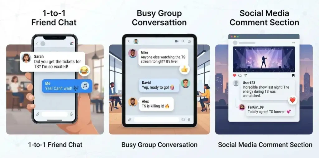 Different texting and social media contexts showing how TS depends on conversation