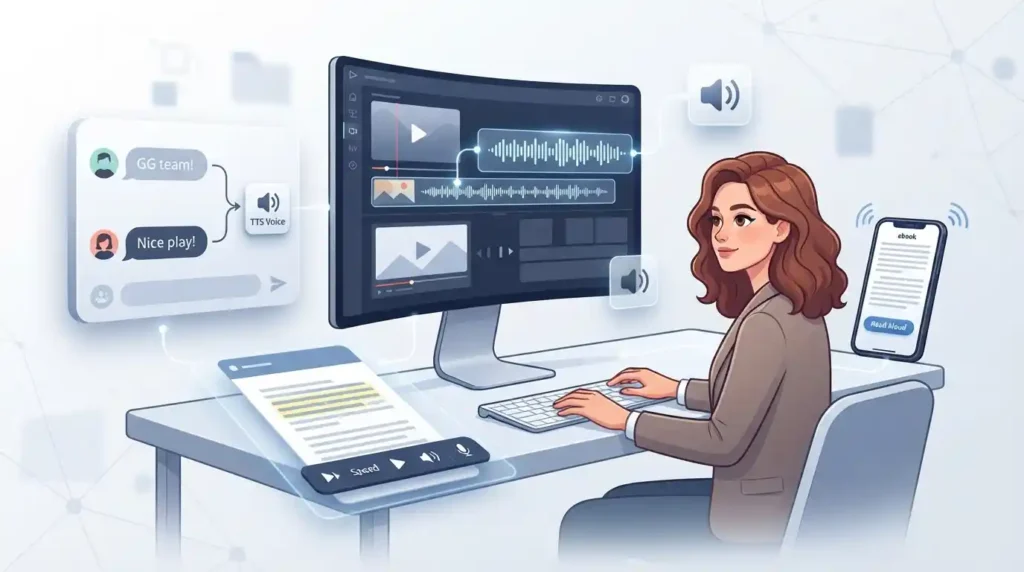 Illustration showing TTS used for gaming, video narration, smartphone reading, and digital accessibility.